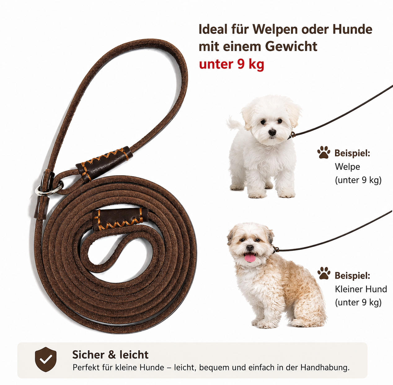 Infografik Slip Lead Leine Braun: Ideal für Welpen und kleine Hunde unter 9 kg – sicher, leicht und einfach in der Handhabung – Hund & Heim