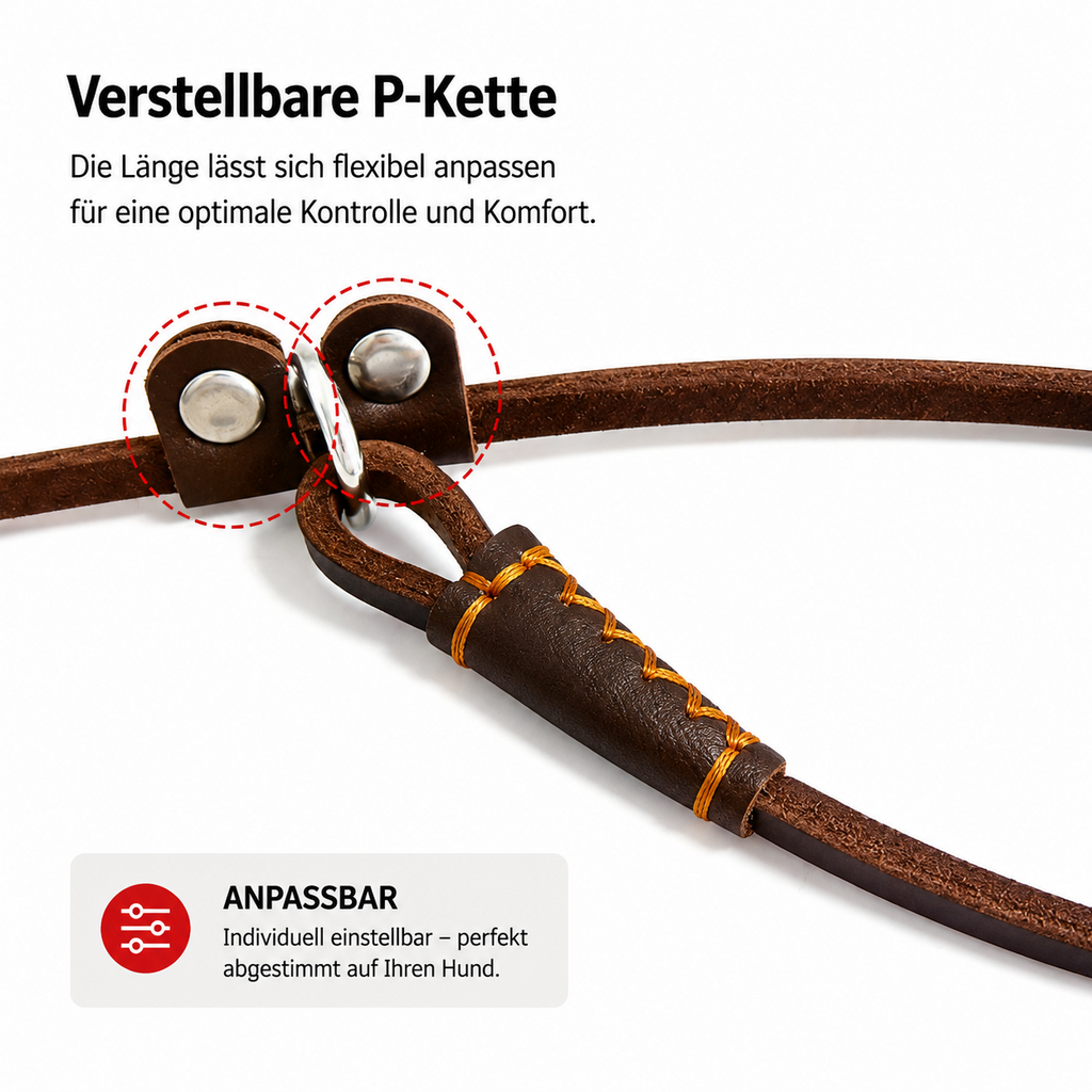 Detailansicht verstellbarer Stopper der braunen Leder Slip Lead Leine – P-Ketten-Mechanismus für individuelle Längenanpassung und optimale Kontrolle – Hund & Heim