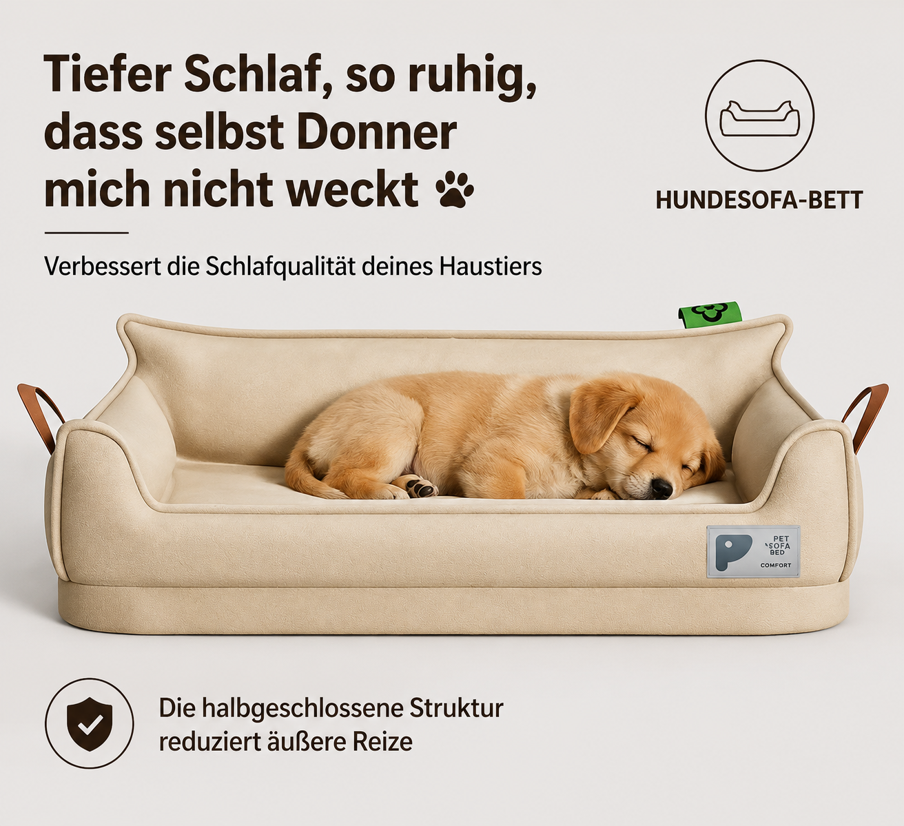 Schlafender Golden Retriever Welpe im Leder-Hundebett Sofa Beige – halbgeschlossene Struktur reduziert äußere Reize für tiefen Schlaf | Hund & Heim
