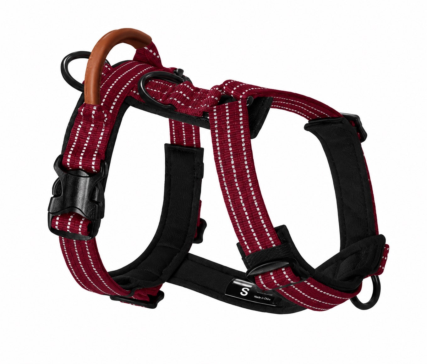 Bordeauxrotes reflektierendes Hundegeschirr mit gepolsterten Bereichen, verstellbaren Gurten und robustem Design für große Hunde. Das Outdoor Hundegeschirr bietet Komfort, Sicherheit und eine optimale Passform.