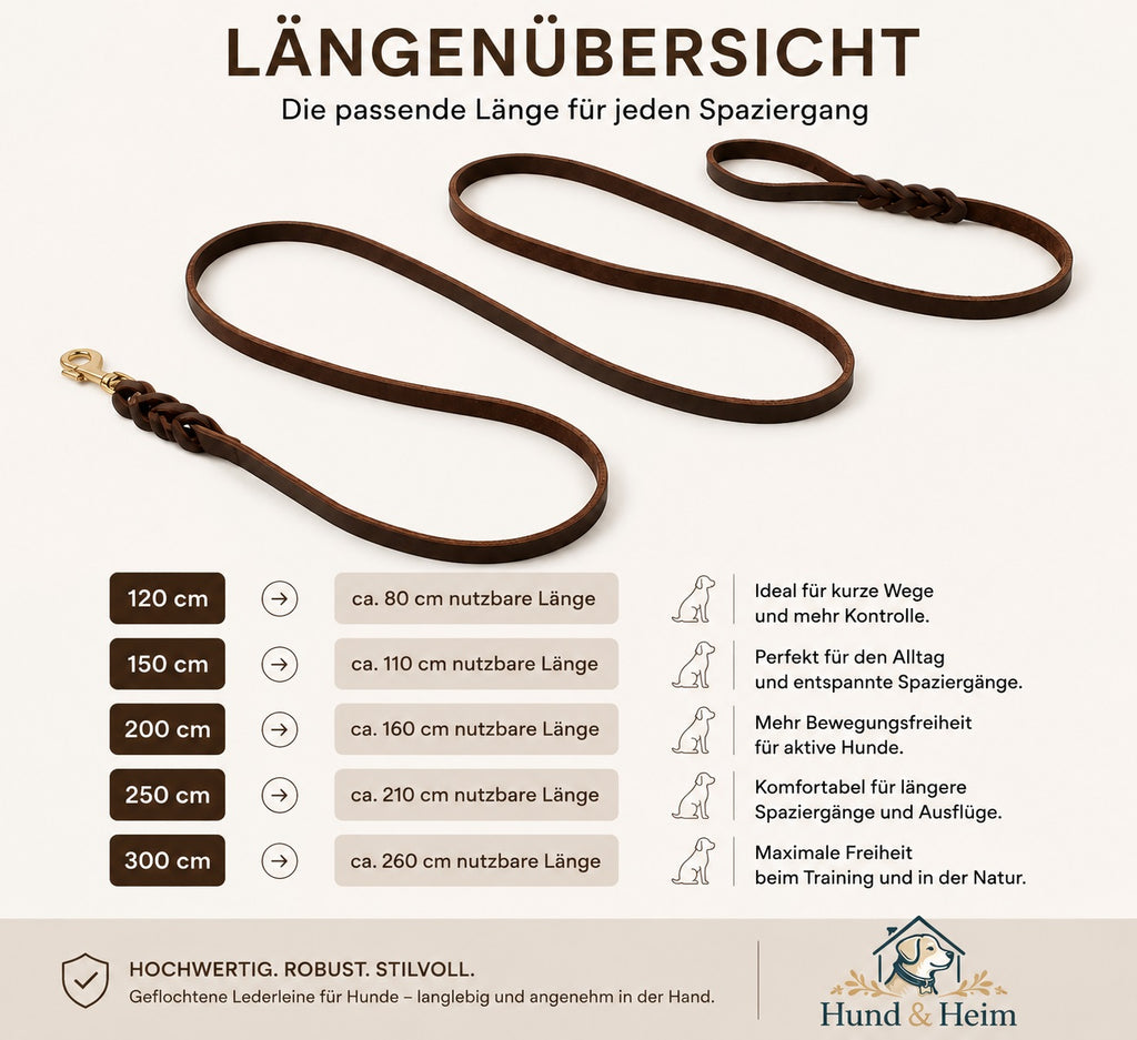 Braune Leder Hundeleine in verschiedenen Längen – Übersicht von 120 cm bis 300 cm für komfortable Spaziergänge mit Hund.