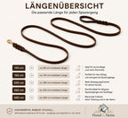 Braune Leder Hundeleine in verschiedenen Längen – Übersicht von 120 cm bis 300 cm für komfortable Spaziergänge mit Hund.