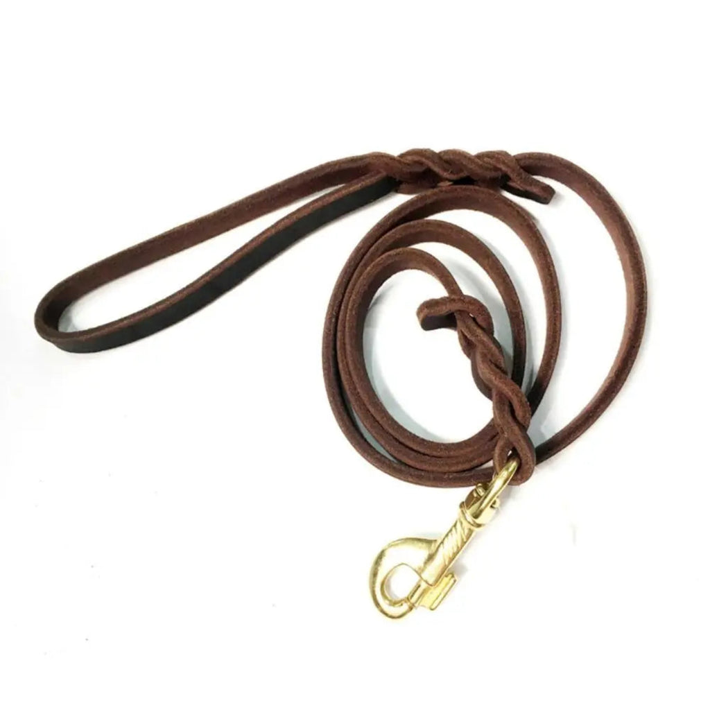 Braune Leder Hundeleine mit Handschlaufe und Karabiner – robust und elegant für tägliche Spaziergänge.