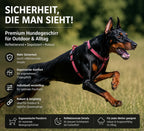 Dobermann läuft im Park mit einem bordeauxroten reflektierenden Hundegeschirr für große Hunde. Das gepolsterte Outdoor Hundegeschirr bietet Komfort, Bewegungsfreiheit und eine sichere Passform bei Spaziergängen und täglichen Aktivitäten.