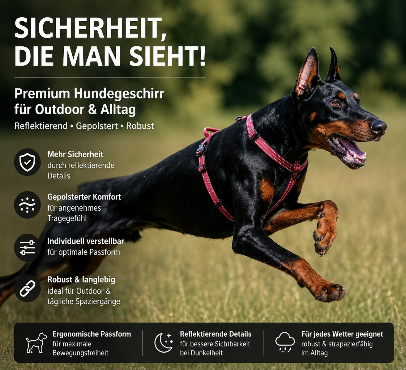 Dobermann läuft im Park mit einem bordeauxroten reflektierenden Hundegeschirr für große Hunde. Das gepolsterte Outdoor Hundegeschirr bietet Komfort, Bewegungsfreiheit und eine sichere Passform bei Spaziergängen und täglichen Aktivitäten.