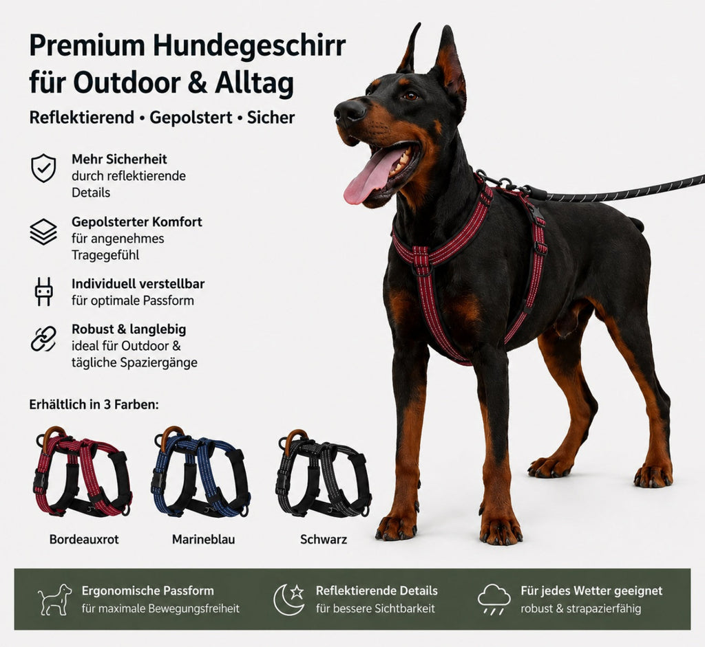 Dobermann trägt ein reflektierendes Hundegeschirr für große Hunde in Bordeauxrot. Das gepolsterte und verstellbare Outdoor Hundegeschirr ist in den Farben Bordeauxrot, Marineblau und Schwarz erhältlich und bietet Komfort sowie Sicherheit beim Spaziergang.