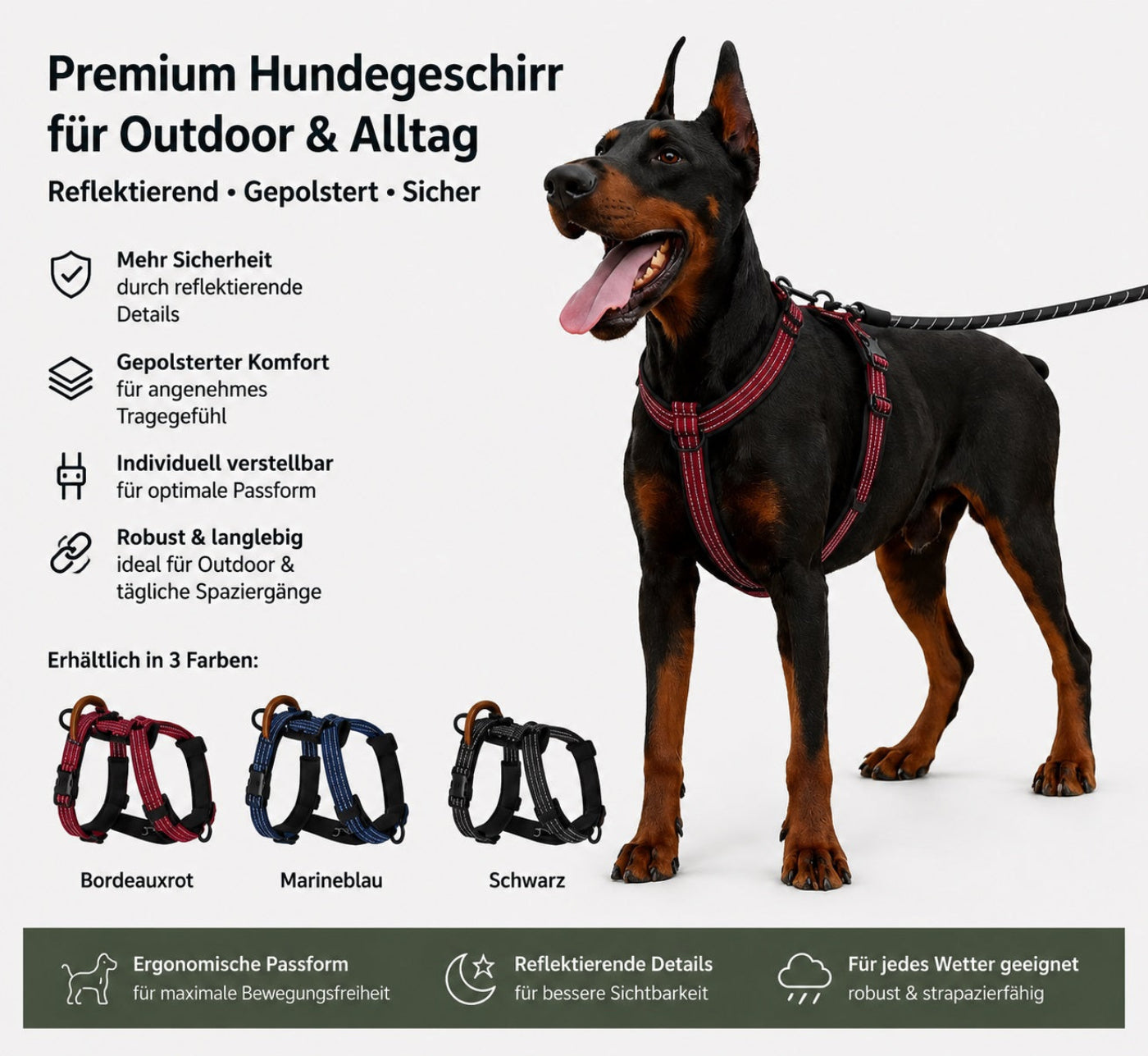 Dobermann trägt ein reflektierendes Hundegeschirr für große Hunde in Bordeauxrot. Das gepolsterte und verstellbare Outdoor Hundegeschirr ist in den Farben Bordeauxrot, Marineblau und Schwarz erhältlich und bietet Komfort sowie Sicherheit beim Spaziergang.