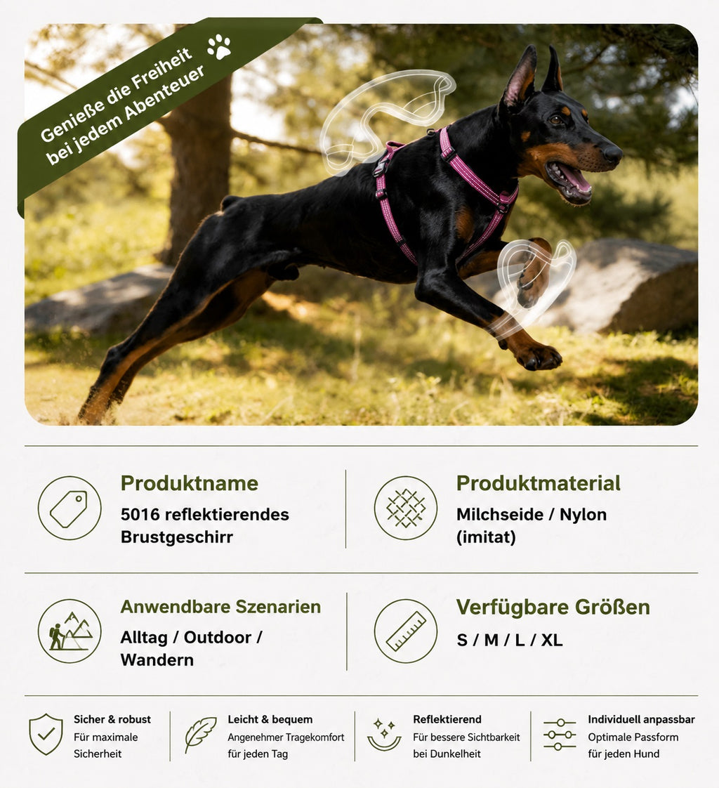 Dobermann läuft im Park mit einem bordeauxroten reflektierenden Hundegeschirr für große Hunde. Das gepolsterte Outdoor Hundegeschirr bietet Bewegungsfreiheit, Komfort und eine sichere Passform für Spaziergänge, Alltag und Wanderungen.