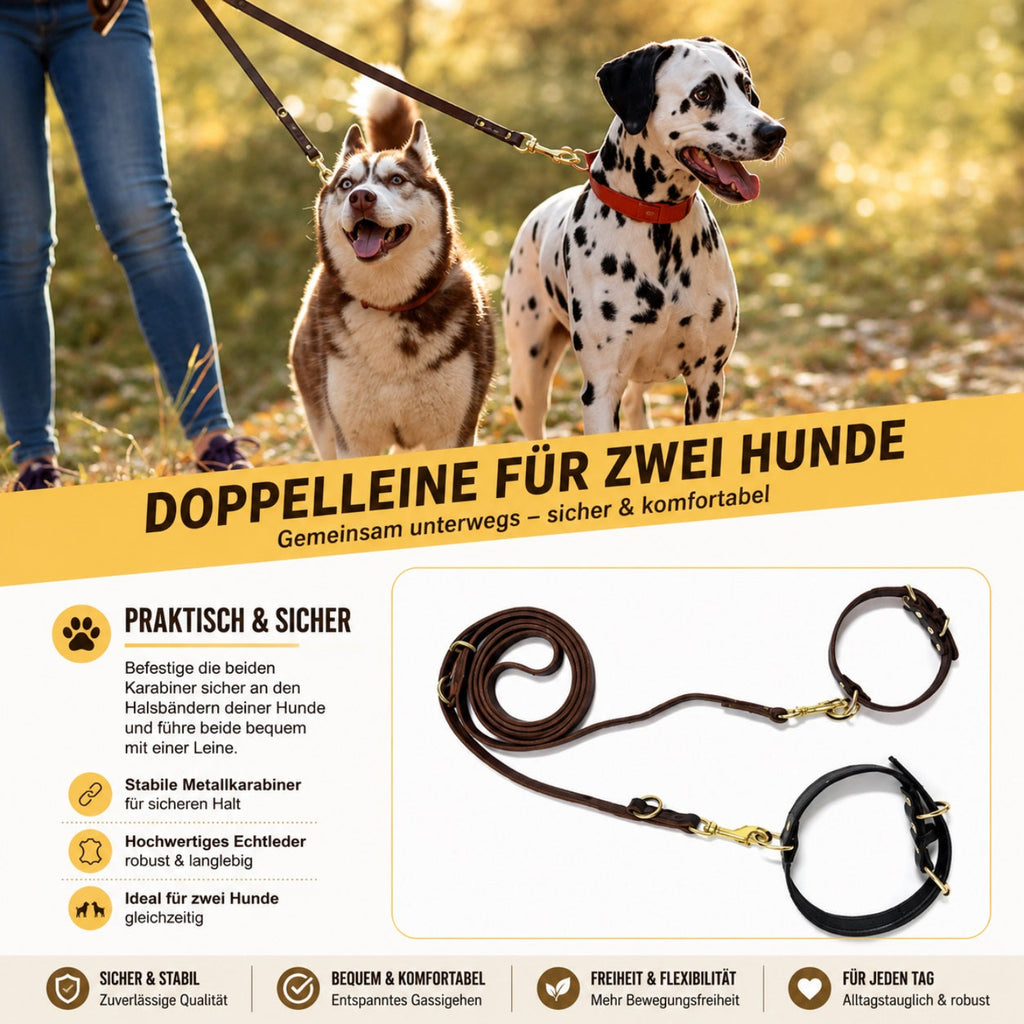 Doppelleine aus echtem Leder für zwei Hunde – robuste Metallkarabiner und komfortables gemeinsames Gassigehen