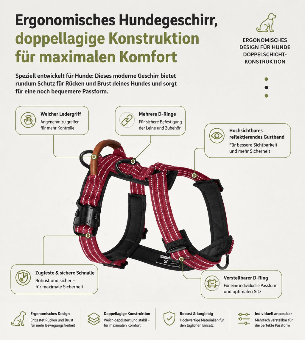 Ergonomisches reflektierendes Hundegeschirr in Bordeauxrot mit doppellagiger Konstruktion, verstellbaren Ringen und gepolstertem Brustbereich für hohen Komfort und eine sichere Passform.