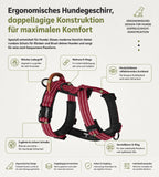 Ergonomisches reflektierendes Hundegeschirr in Bordeauxrot mit doppellagiger Konstruktion, verstellbaren Ringen und gepolstertem Brustbereich für hohen Komfort und eine sichere Passform.