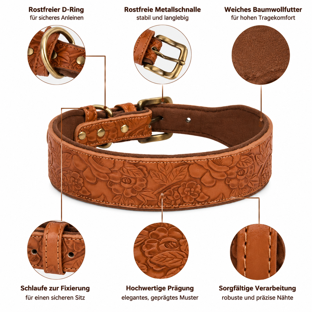 Geprägtes Kunstleder-Halsband Cognac – D-Ring, Metallschnalle, Baumwollfutter, Schlaufe, hochwertige Prägung & präzise Nähte | Hund & Heim