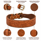 Geprägtes Kunstleder-Halsband Cognac – D-Ring, Metallschnalle, Baumwollfutter, Schlaufe, hochwertige Prägung & präzise Nähte | Hund & Heim