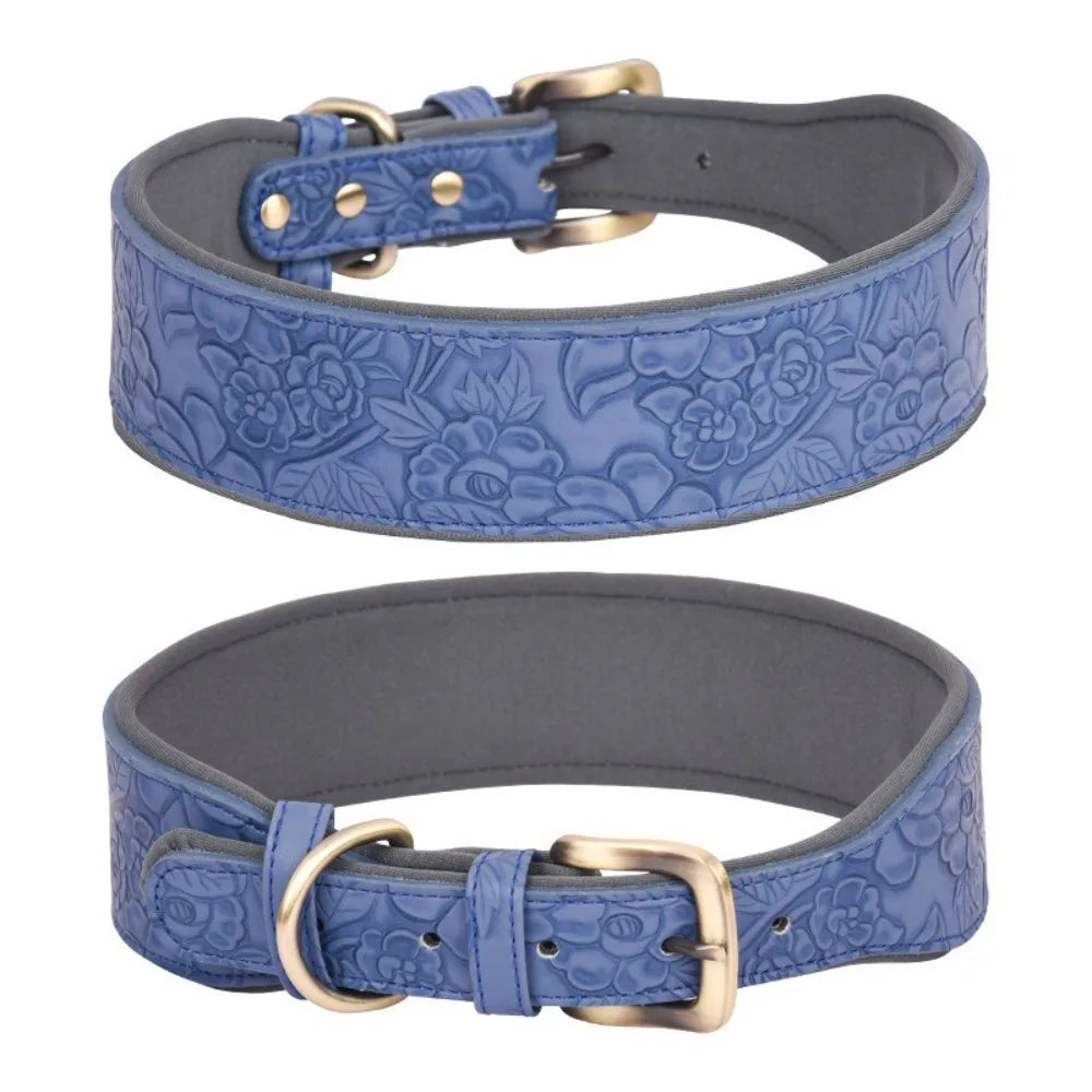 Geprägtes Kunstleder-Halsband in Ozeanblau – Vorder- und Rückansicht, breites Design mit geprägtem Muster | Hund & Heim