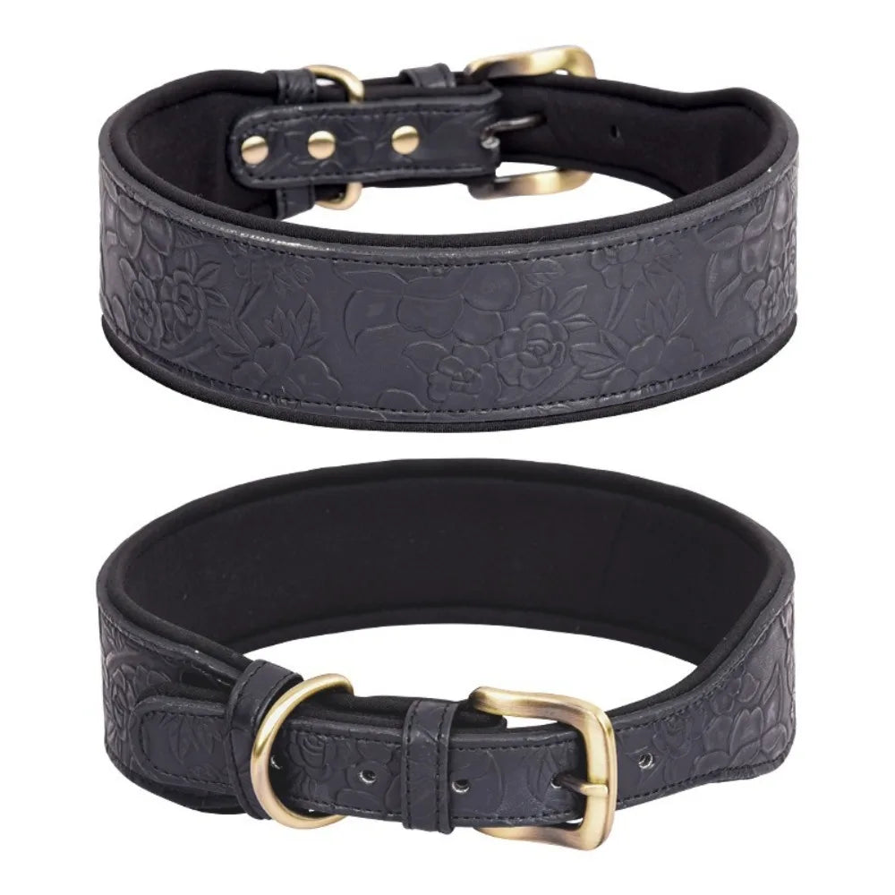 Geprägtes Kunstleder-Halsband in Schwarz mit Goldschnalle – Vorder- und Rückansicht, breites gepolstertes Design | Hund & Heim