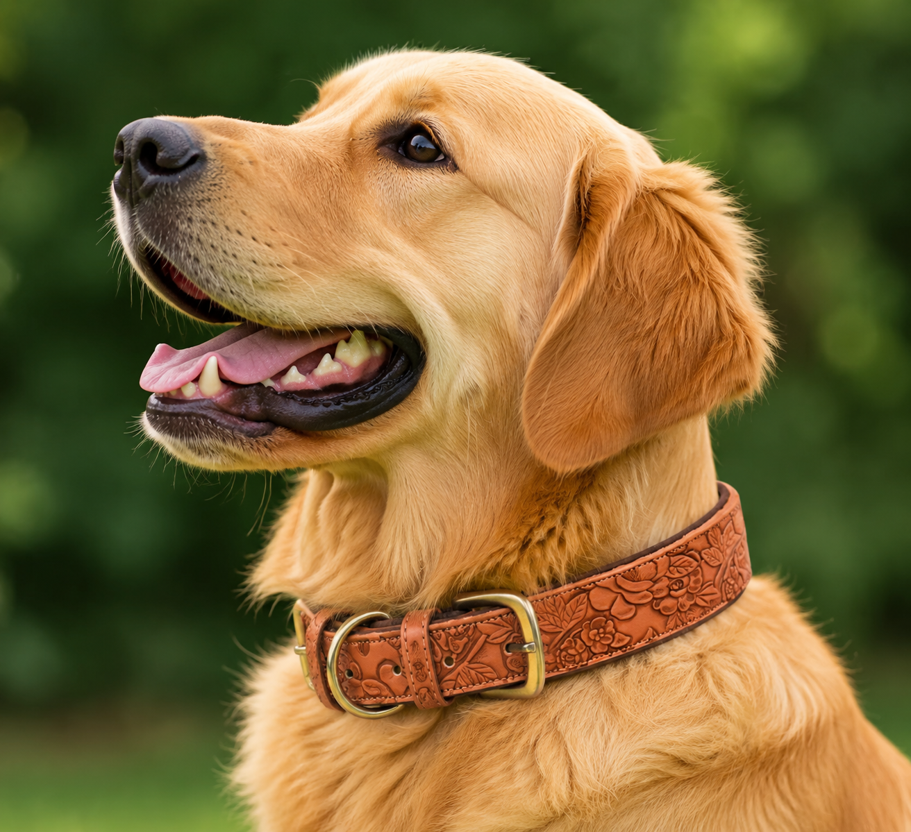 Golden Retriever trägt geprägtes Kunstleder-Halsband in Cognac mit Goldschnalle – stilvoll & komfortabel | Hund & Heim