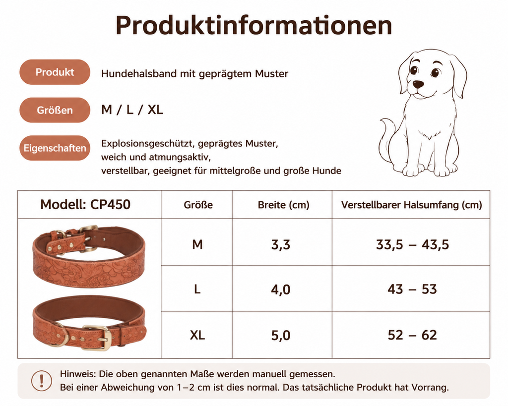 Größentabelle geprägtes Kunstleder-Halsband – M: 3,3 cm / 33,5–43,5 cm, L: 4,0 cm / 43–53 cm, XL: 5,0 cm / 52–62 cm | Hund & Heim