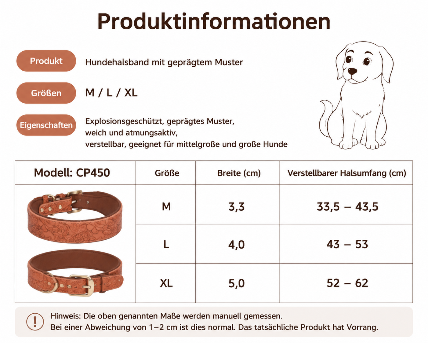 Größentabelle geprägtes Kunstleder-Halsband – M: 3,3 cm / 33,5–43,5 cm, L: 4,0 cm / 43–53 cm, XL: 5,0 cm / 52–62 cm | Hund & Heim