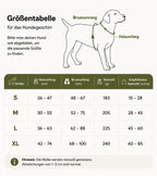 Größentabelle für ein Hundegeschirr mit Angaben zu Halsumfang und Brustumfang. Die Übersicht hilft Hundebesitzern, die passende Größe S, M, L oder XL für ihren Hund zu finden.