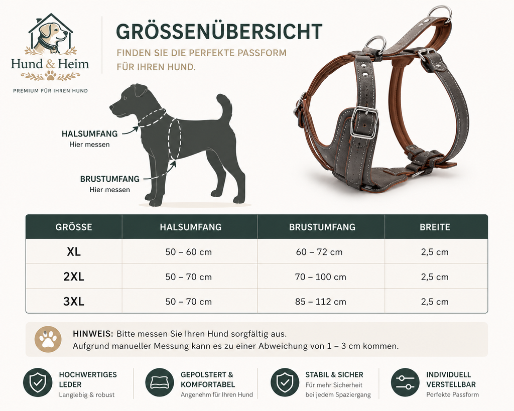 Größentabelle für das Premium Leder Hundegeschirr von Hund & Heim mit Halsumfang, Brustumfang und verstellbarer Passform für große Hunde