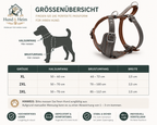 Größentabelle für das Premium Leder Hundegeschirr von Hund & Heim mit Halsumfang, Brustumfang und verstellbarer Passform für große Hunde