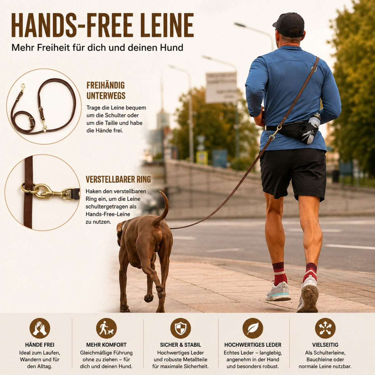 Hands-Free Hundeleine aus echtem Leder beim Laufen – vielseitig als Schulter-, Bauch- oder normale Leine