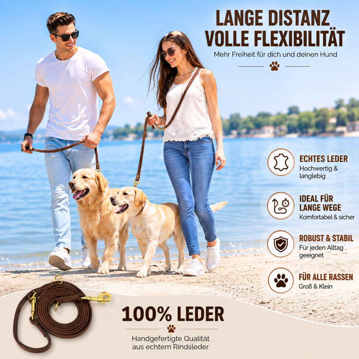 Handgefertigte Hands-Free Hundeleine aus echtem Leder für lange Spaziergänge