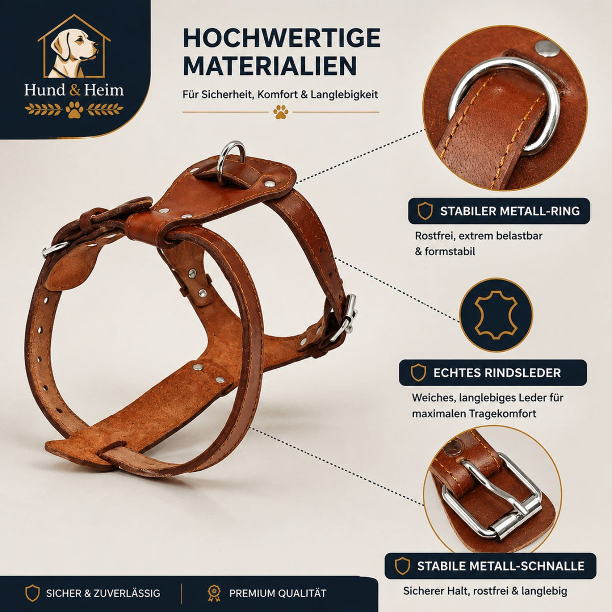 Hund & Heim Leder Hundegeschirr in Cognac aus echtem Rindsleder mit hochwertiger Verarbeitung, stabilem Metallring und langlebiger Metallschnalle