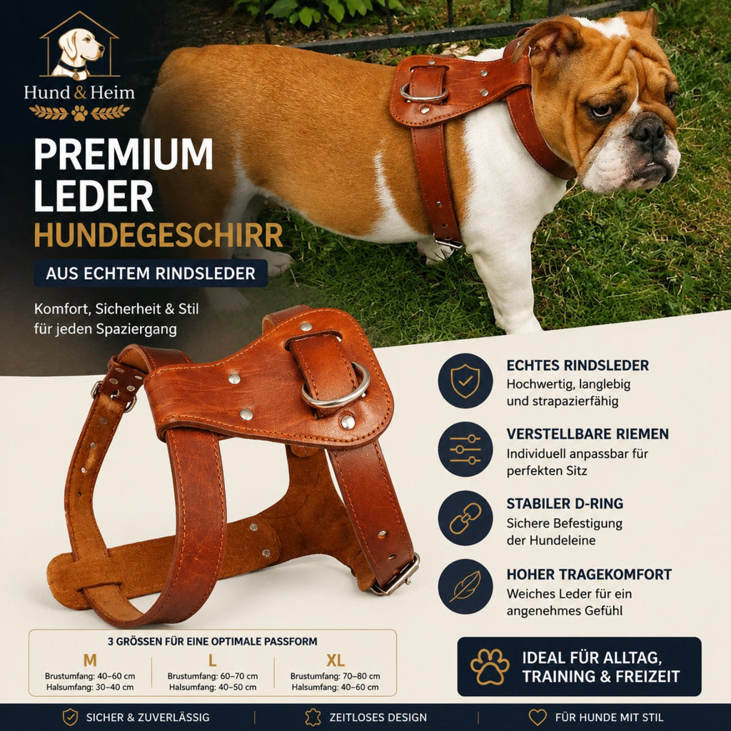 Hund & Heim Premium Leder Hundegeschirr in Cognac aus echtem Rindsleder mit verstellbaren Riemen für komfortable Spaziergänge