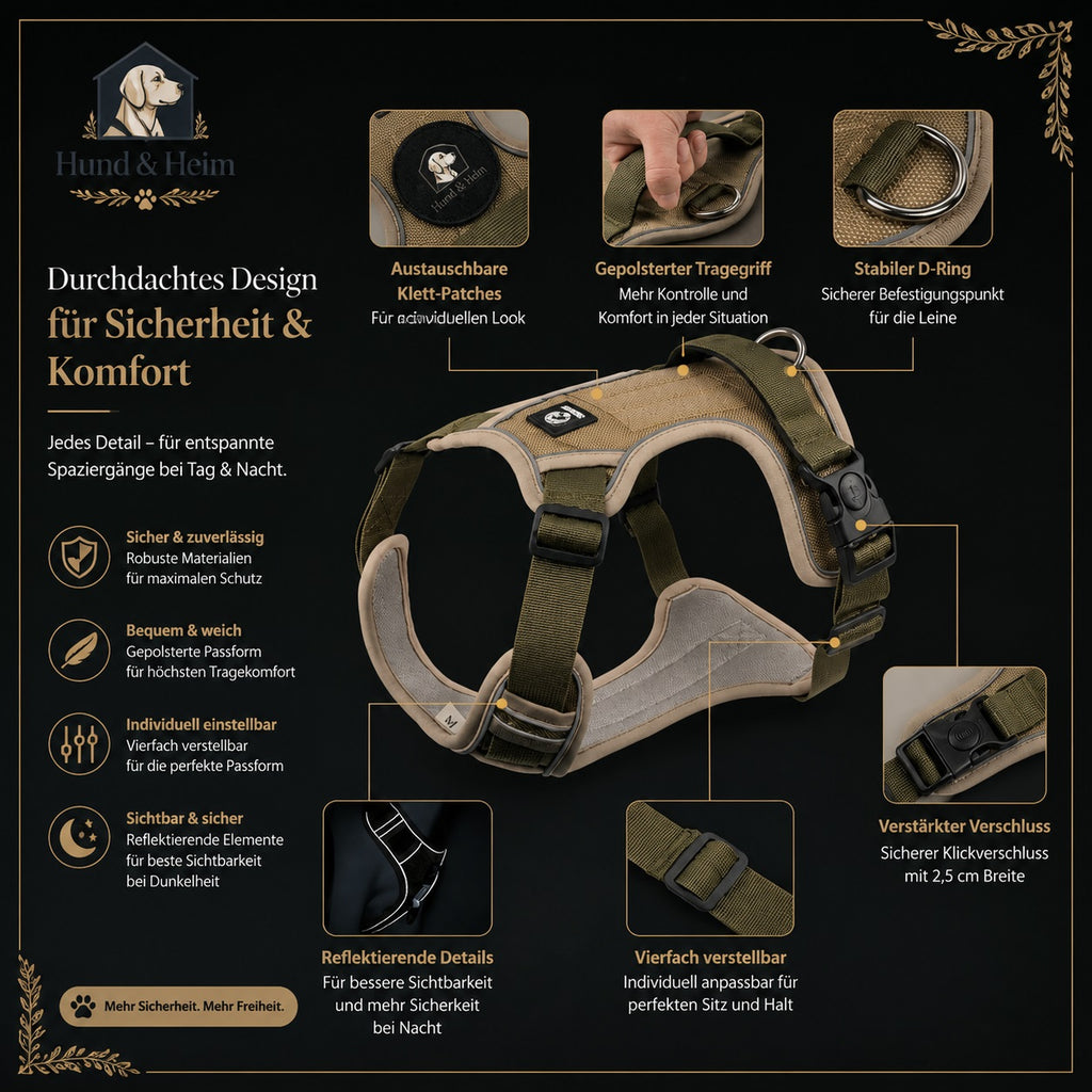 Hund & Heim Sicherheits-Hundegeschirr mit gepolsterter Passform, stabilem D-Ring, reflektierenden Details und verstellbarem Design für mehr Sicherheit und Komfort