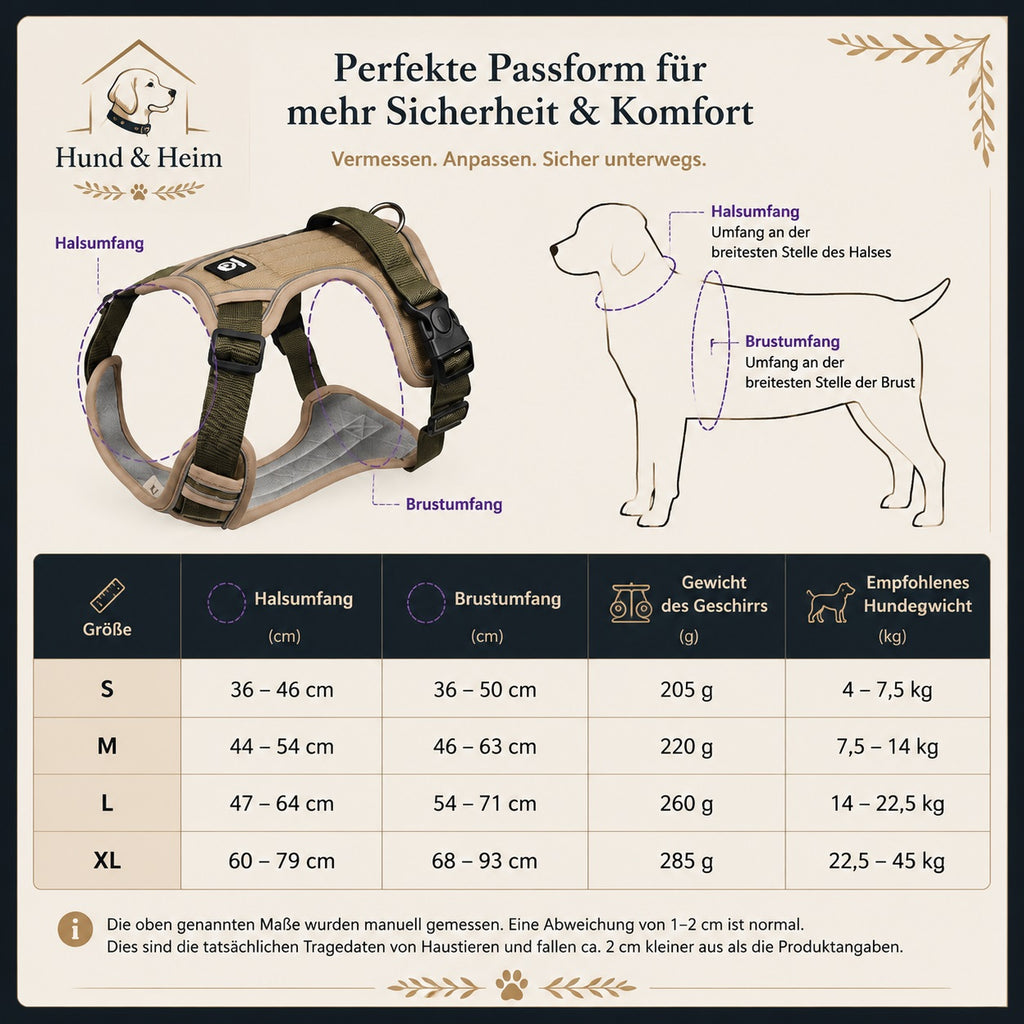 Hund & Heim Sicherheits-Hundegeschirr Größentabelle mit Hals- und Brustumfang für die perfekte Passform von kleinen bis großen Hunden