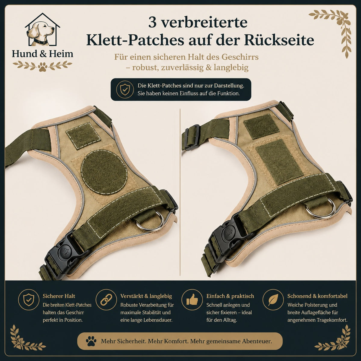 Hund & Heim Sicherheits-Hundegeschirr mit austauschbaren Klett-Patches auf der Rückseite für individuellen Look und sicheren Komfort
