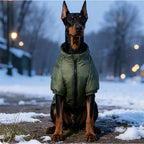 Hund & Heim Winter-Hundemantel in Olivgrün bei winterlichem Abendlicht