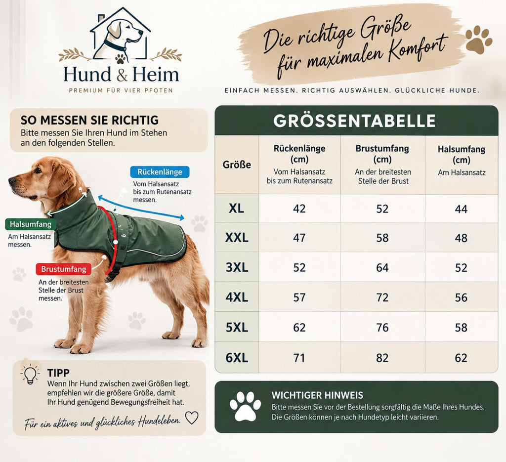 Hund & Heim Größentabelle für Winter-Hundemantel XL bis 6XL mit Messanleitung