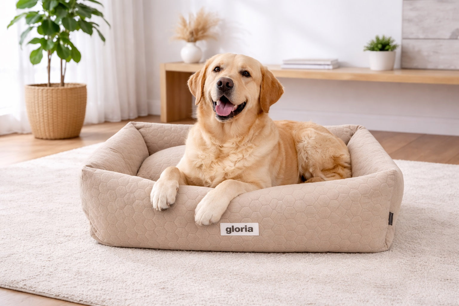 Glücklicher Golden Retriever entspannt im braunen Hundebett – Gemütliches Komfortbett Größe L | Hund & Heim

