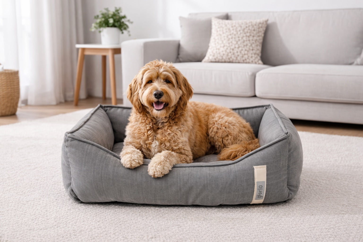 Glücklicher Hund entspannt im grauen Hundebett – Gemütliches Komfortbett Größe M | Hund & Heim