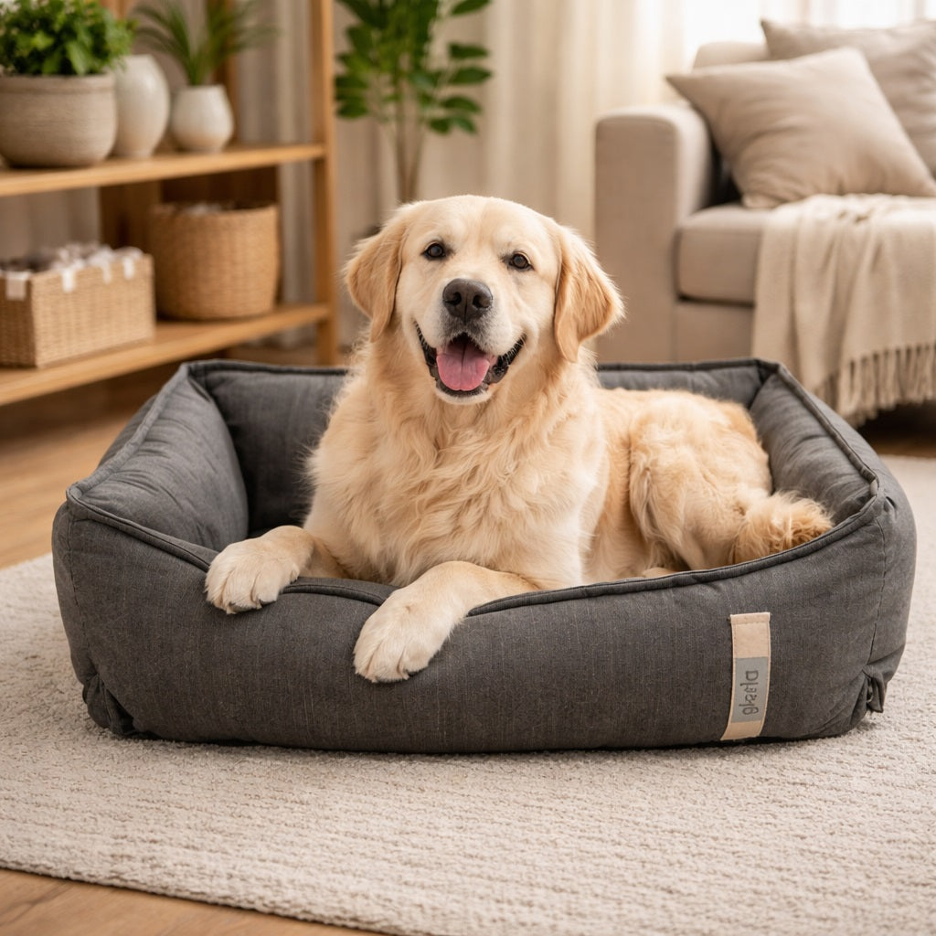 Golden Retriever liegt entspannt im grauen Hundebett – Weiches Komfortbett 80 x 65 cm | Hund & Heim