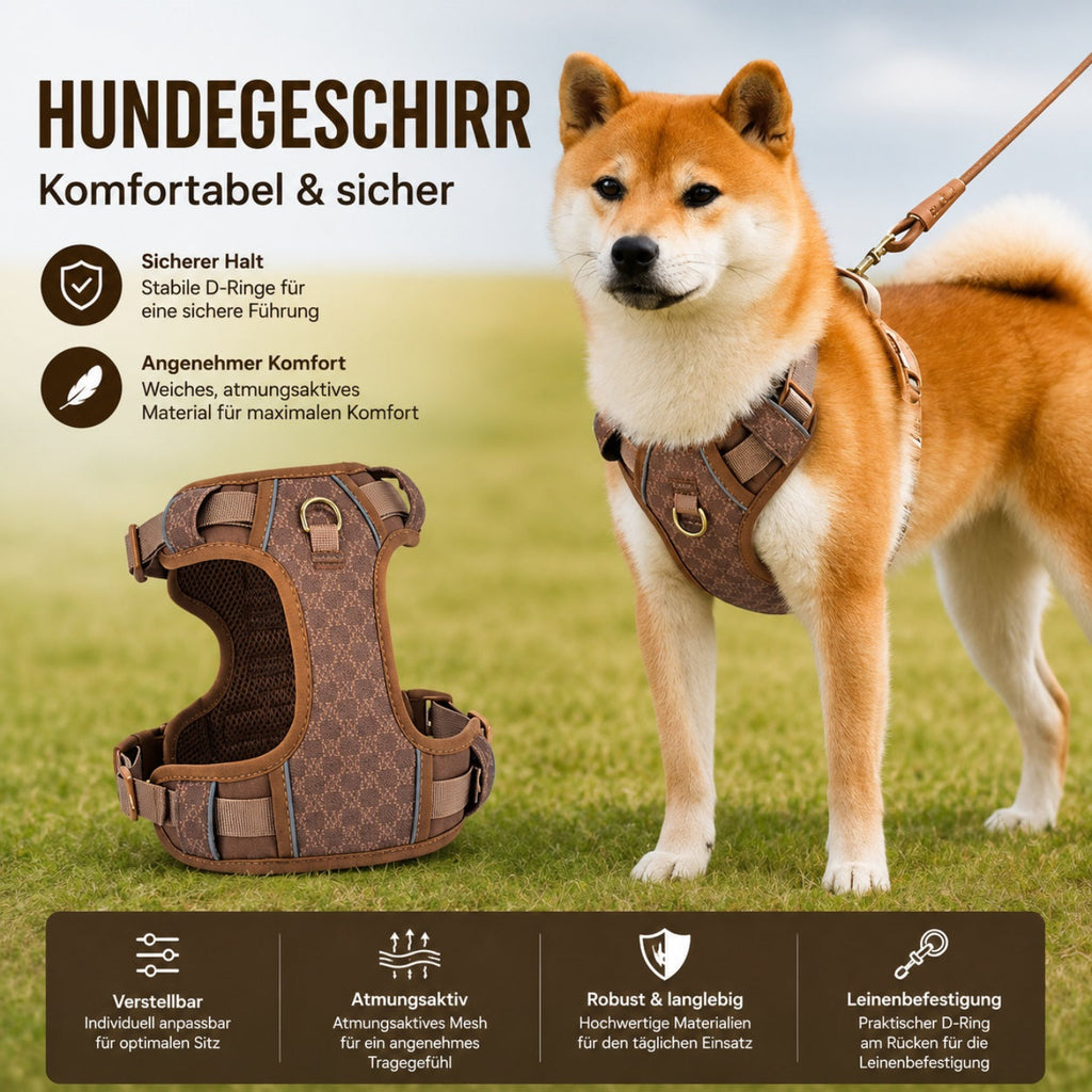 Cognac braunes Hundegeschirr für komfortablen und sicheren Halt beim Spaziergang