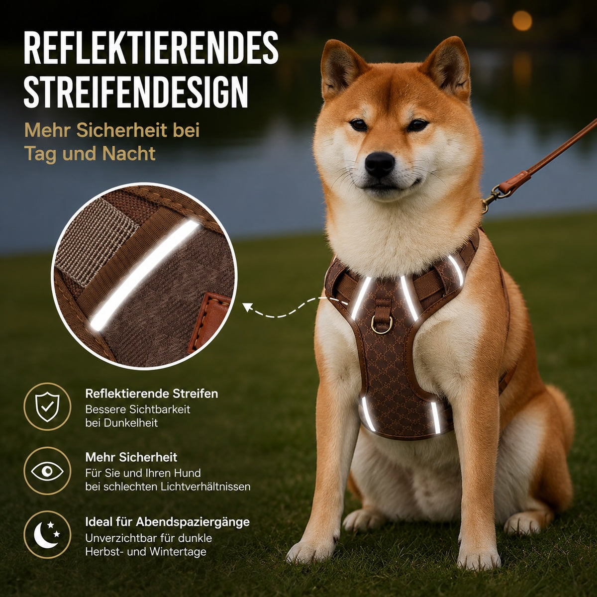 Cognac braunes Hundegeschirr mit reflektierenden Streifen für mehr Sichtbarkeit bei Dunkelheit