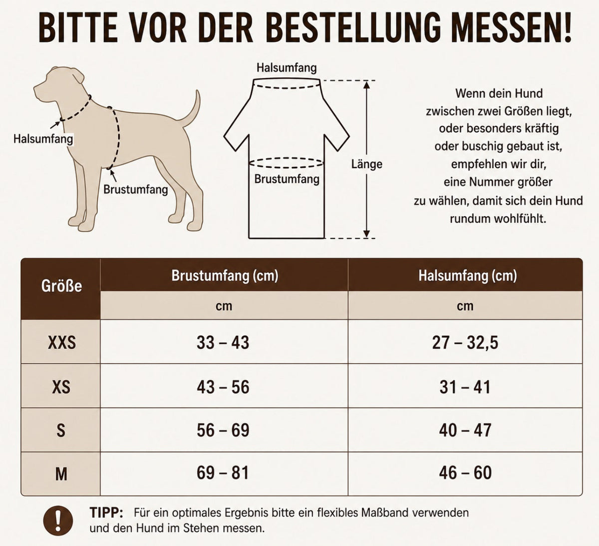 Größentabelle für Hundegeschirr mit Brustumfang und Halsumfang in cm für die Größen XXS bis M