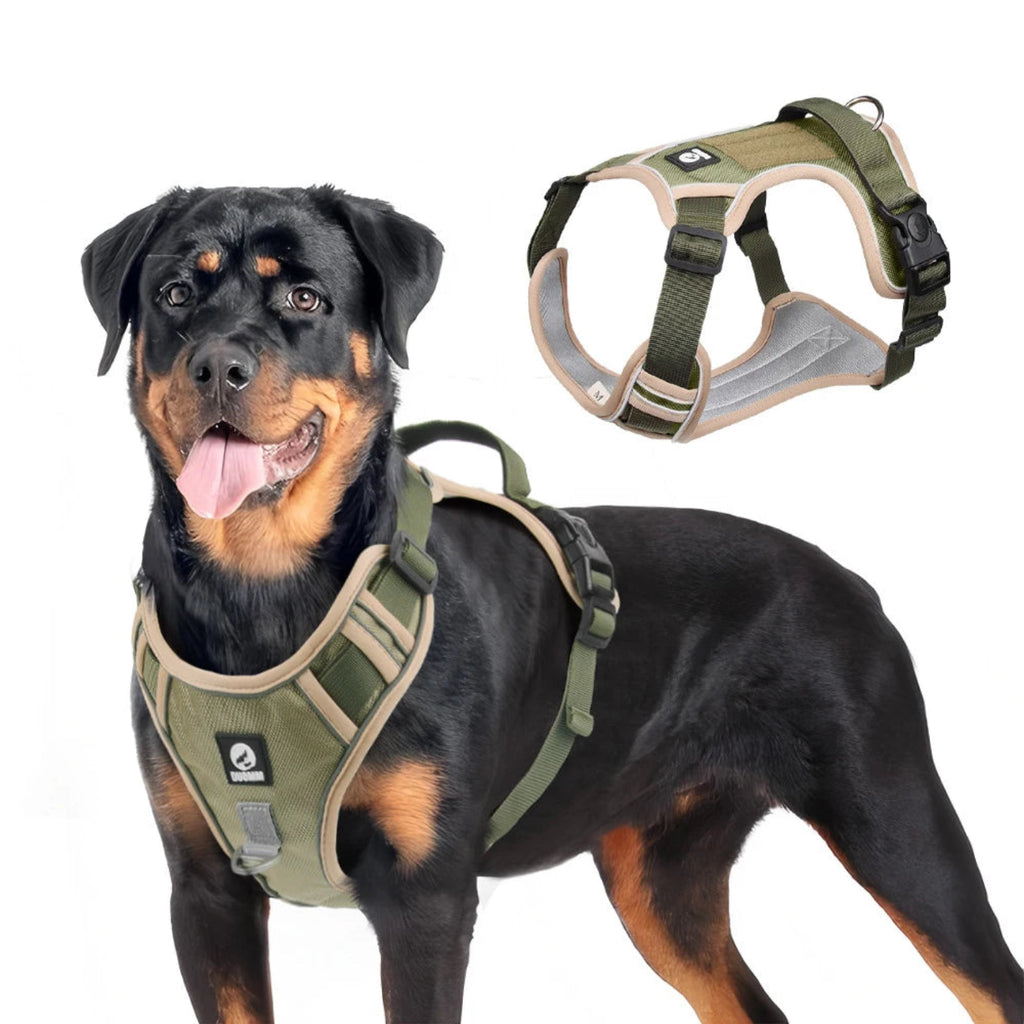 Premium Hundegeschirr in Oliv Sand für Hunde – ergonomische Passform, reflektierende Elemente und gepolsterter Komfort von Hund & Heim