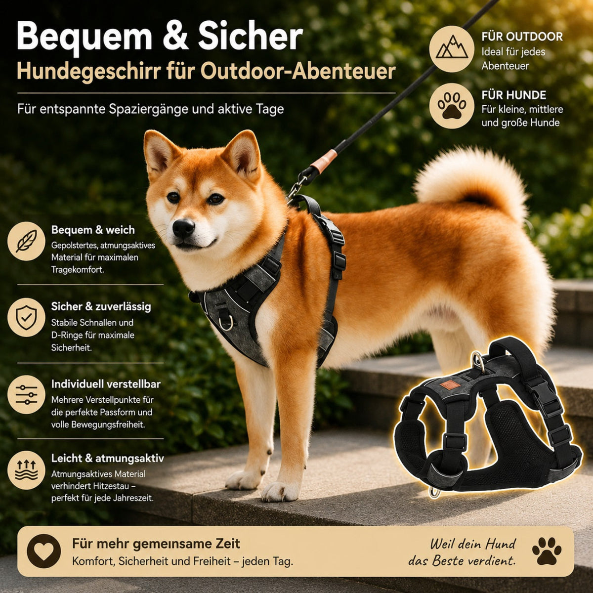 Schwarzes Hundegeschirr für Outdoor-Abenteuer mit gepolsterter Passform und verstellbaren Gurten