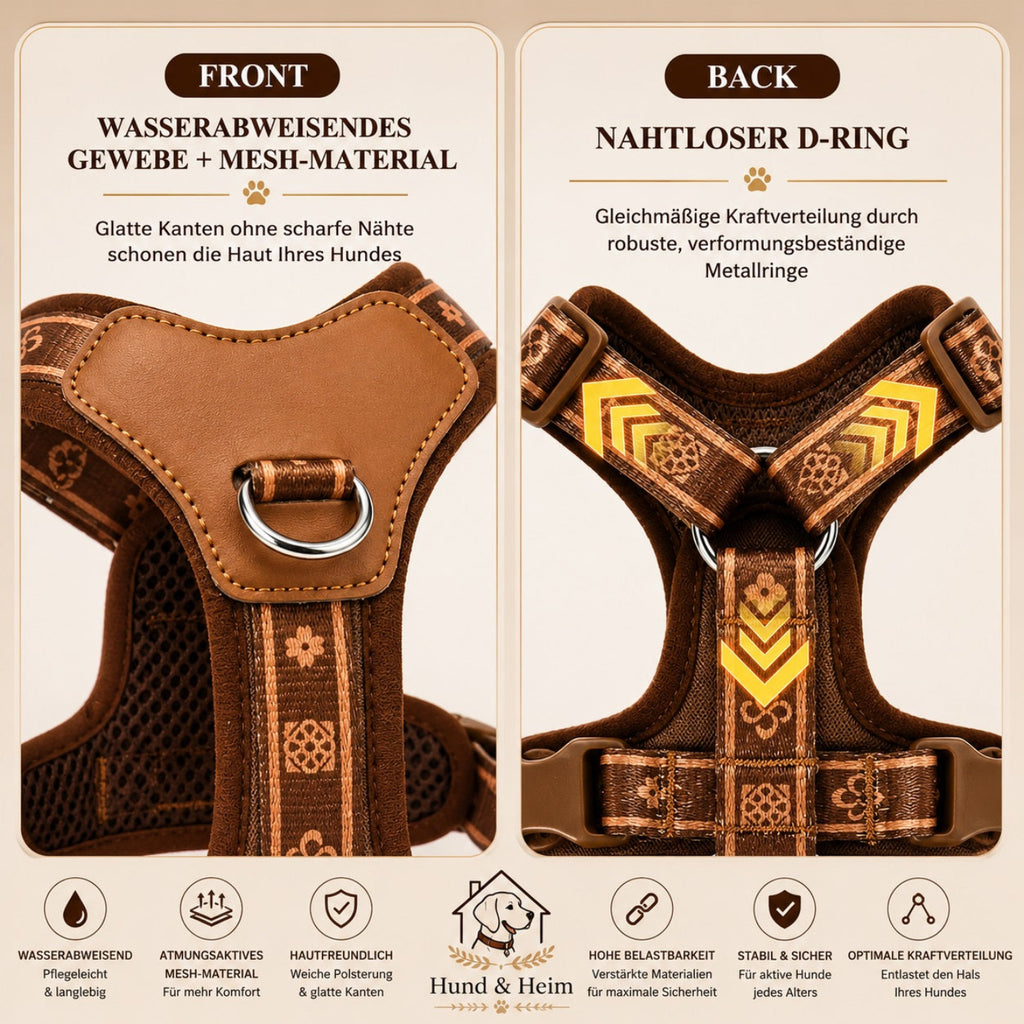 Premium Hundegeschirr mit wasserabweisendem Material, atmungsaktivem Mesh und stabilem D-Ring für sicheren Halt