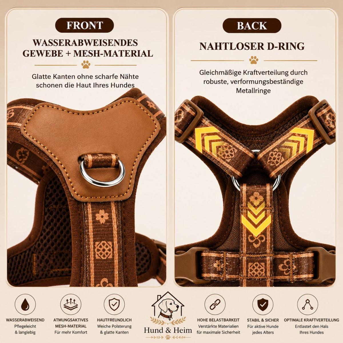 Premium Hundegeschirr mit wasserabweisendem Material, atmungsaktivem Mesh und stabilem D-Ring für sicheren Halt