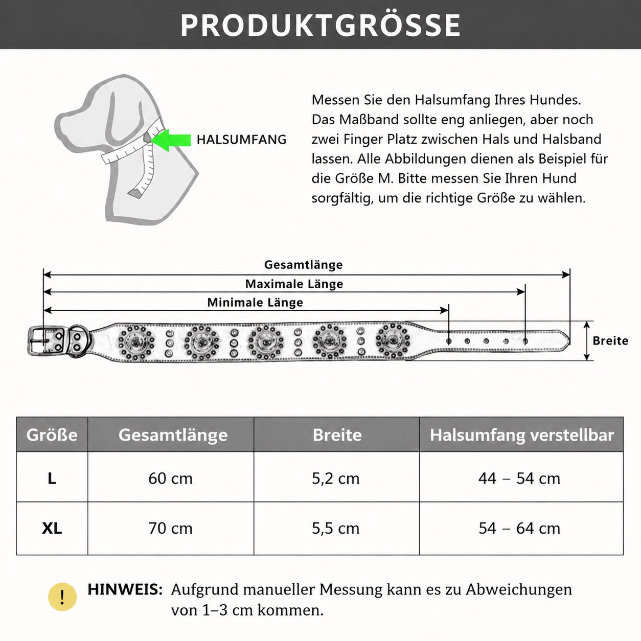 Größenübersicht für ein verstellbares Hundehalsband mit Angaben zu Länge, Breite und Halsumfang – passende Größe für Hunde einfach auswählen