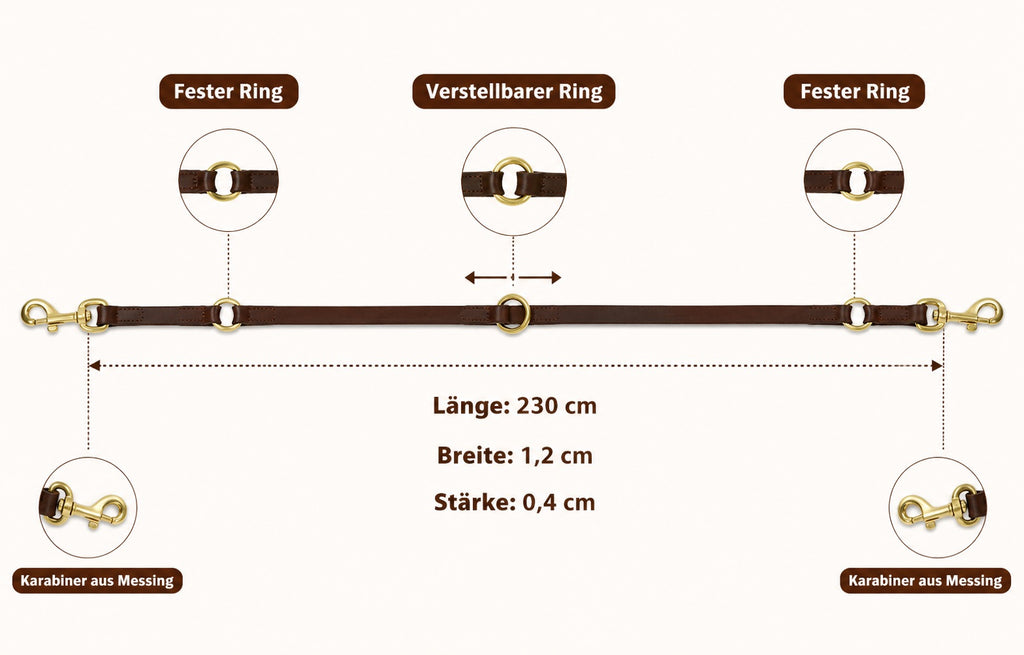 Hundeleine aus echtem Leder, 230 cm lang und 1,2 cm breit, mit festen und beweglichen Ringen