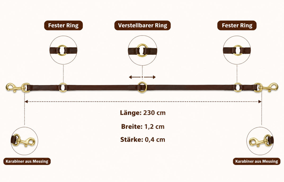 Hundeleine aus echtem Leder, 230 cm lang und 1,2 cm breit, mit festen und beweglichen Ringen
