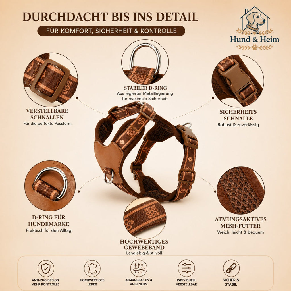 Braunes Leder Anti-Zug Hundegeschirr mit verstellbaren Schnallen, D-Ring und atmungsaktivem Mesh-Futter