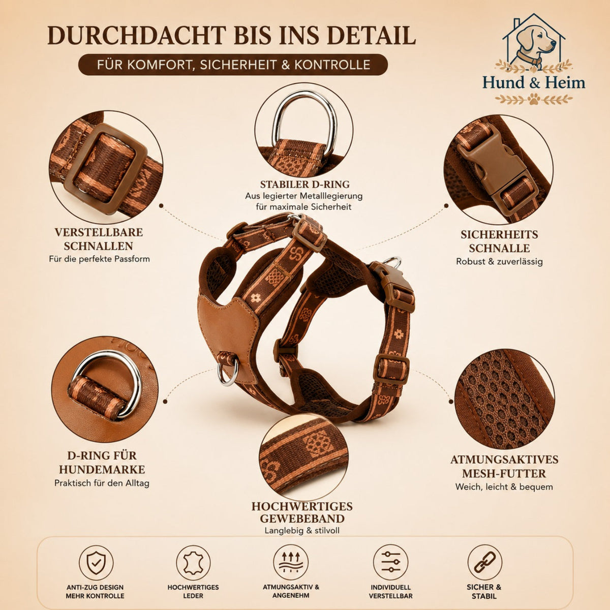 Braunes Leder Anti-Zug Hundegeschirr mit verstellbaren Schnallen, D-Ring und atmungsaktivem Mesh-Futter