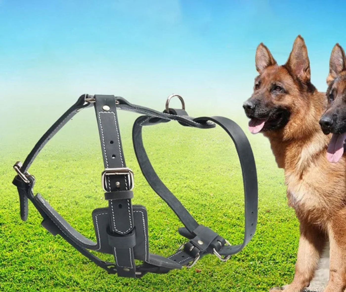 Große Hunde mit Premium Leder Hundegeschirr von Hund & Heim im Outdoor-Bereich, komfortables Brustgeschirr für Spaziergänge und Alltag